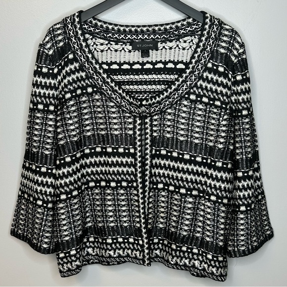 St. John Caviar/White Textured Knit Cardigan Sweater Size 14
